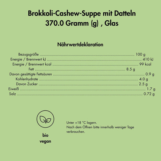 Bio-Brokkolisuppe: Mit Cashewkernen & Datteln verfeinert